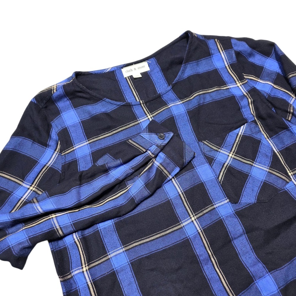 Cloth & Stone Plaid Shirt Lace-Up Back Long Sleeve Top XS‎ Blue Black